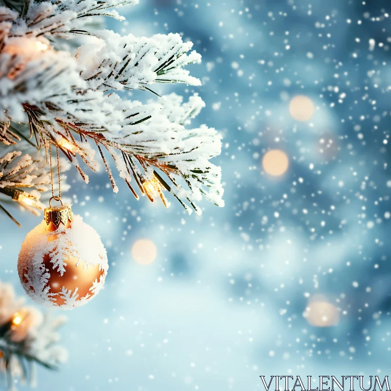 Golden Christmas Bauble on Snowy Pine Tree AI Image