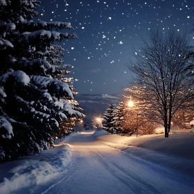 Snowy Pathway Under Starry Sky On a Winter Night