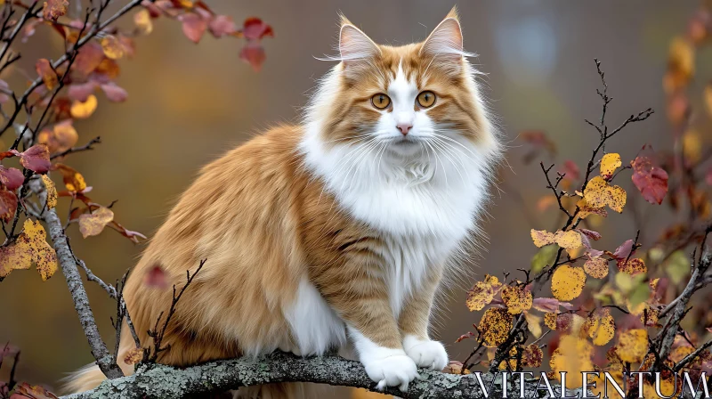 Autumn Cat on Tree Branch AI Image