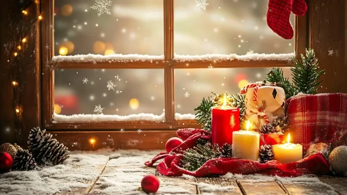 Warm Holiday Decorations by a Snowy Window