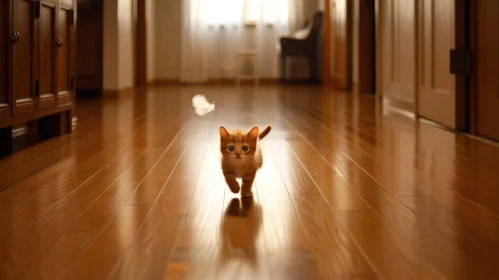 Adorable Ginger Kitten Running with Feather - Photo