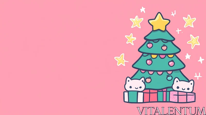 Cute Christmas Tree and Cats Illustration AI Image