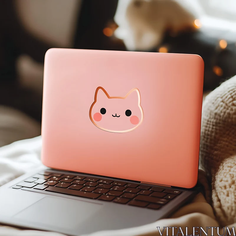 Cute Cat Design Pink Laptop AI Image