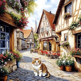 Idyllic Village with Cat and Blooming Flowers