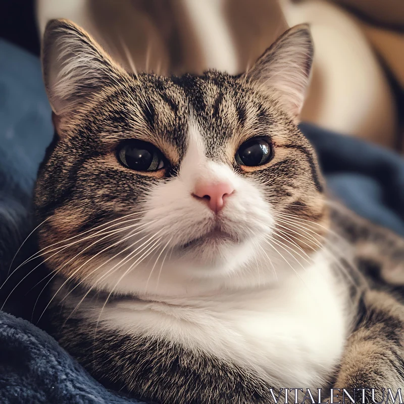 Expressive Feline Face on a Soft Blue Blanket AI Image