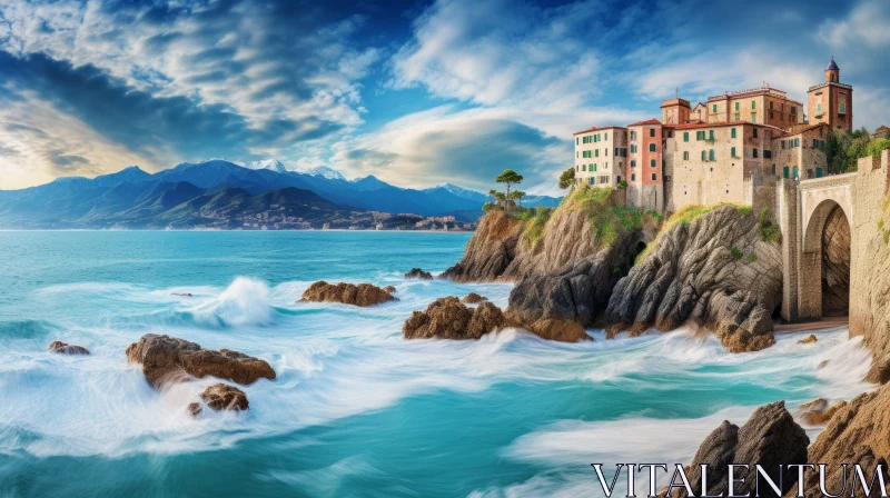 Captivating Castle on Rocky Cliff: Italian Coastal Beauty AI Image