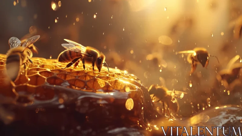 Close-up Bee on Honeycomb: Captivating Nature Photography AI Image