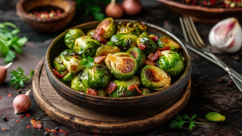 Delicious Roasted Brussels Sprouts with Crispy Bacon on a Wooden Table