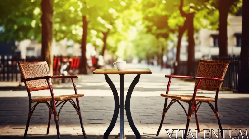 AI ART Dreamlike Cafe Scene: Two Chairs and a Cup of Coffee on the Sidewalk