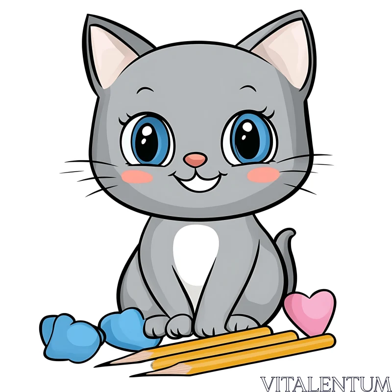 Adorable Grey Kitten Cartoon Illustration AI Image