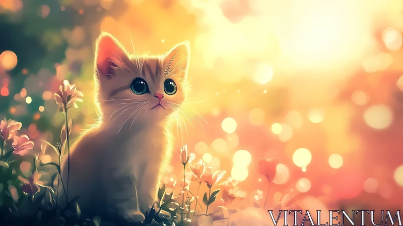 Innocent Kitten in a Flower Field AI Image