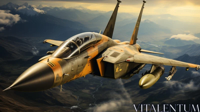 Fast Fighter Jet Over Mountain Landscape AI Image