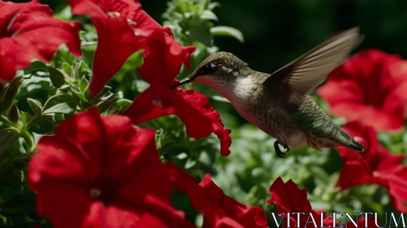 Graceful Hummingbird Hovering in Front of Vibrant Red Flower AI Image
