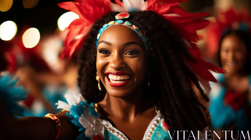 Joyful Dancer in Feathered Carnival Costume - Afro-Colombian Theme AI Image