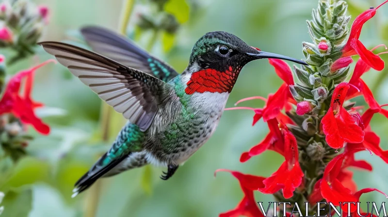 Ruby-Throated Hummingbird with Red Flowers AI Image