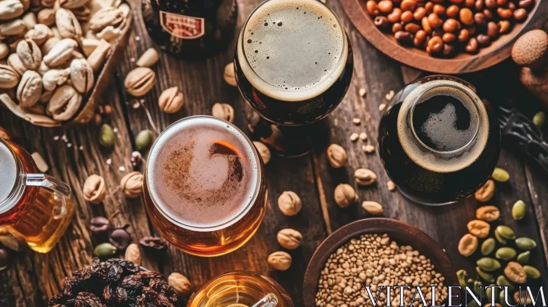 Still Life of Beers and Snacks on Wooden Table AI Image