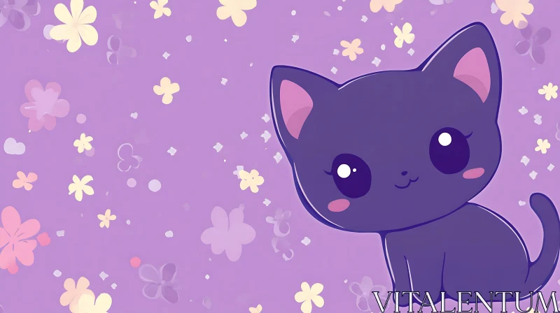 Adorable Cat Illustration with Flowers AI Image