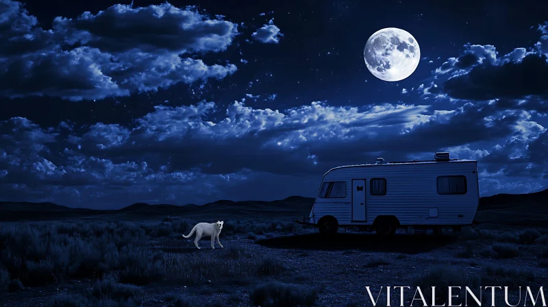 Moonlit Wilderness with Camper and White Animal AI Image