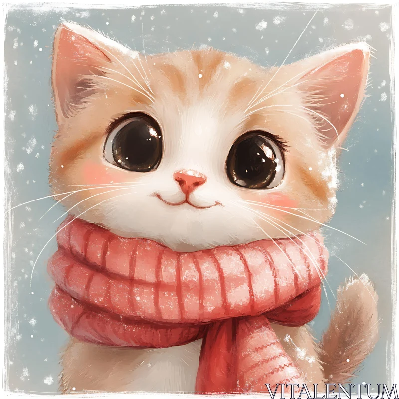 Cute Kitten with Big Eyes and Red Scarf in Snow AI Image