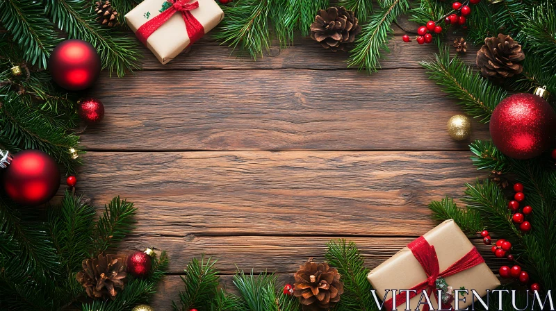 Festive Christmas Decor on Wooden Surface AI Image