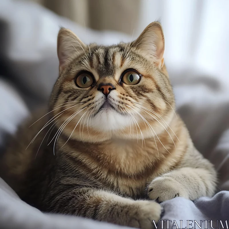 Charming Tabby Cat with Green Eyes on Soft Blanket AI Image