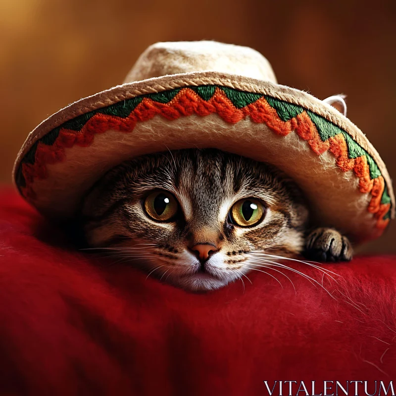 Adorable Cat Wearing Traditional Sombrero Hat AI Image