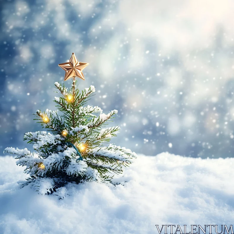 Enchanting Snow-Covered Christmas Tree with Lights AI Image