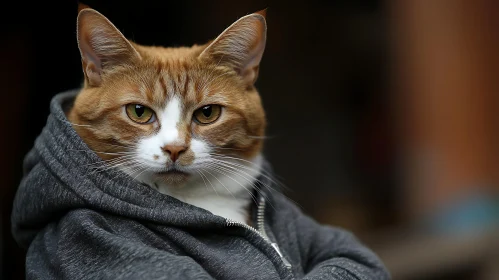 Cat in Gray Hoodie Looking at Camera