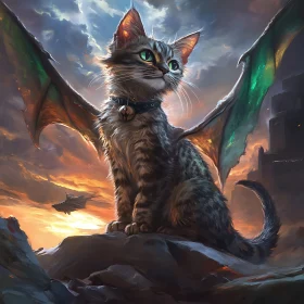 Mythical Winged Cat in Epic Landscape