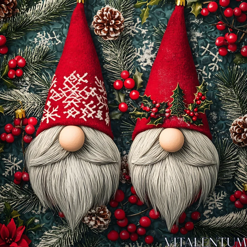 Holiday Gnomes Amidst Festive Pine Decor AI Image