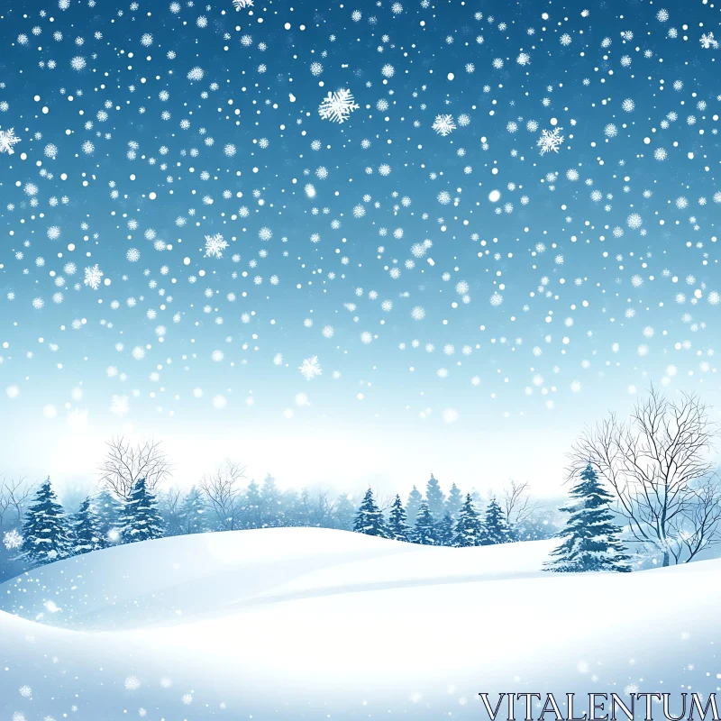 Peaceful Winter Scene with Falling Snowflakes AI Image