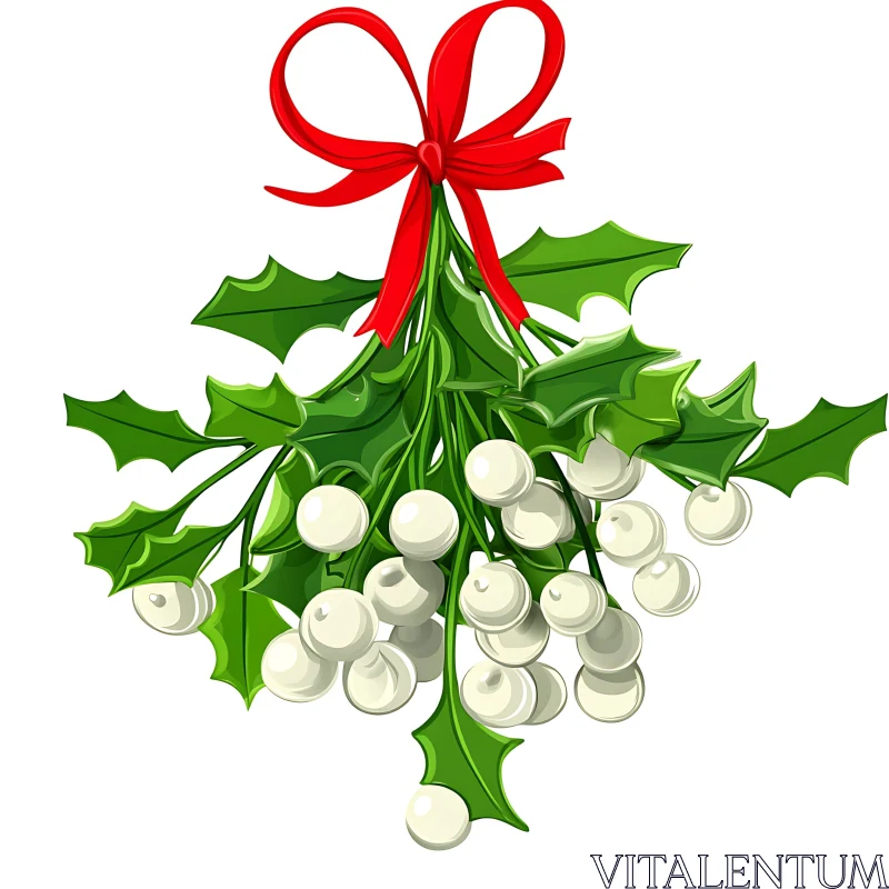 Christmas Mistletoe with White Berries and Red Ribbon AI Image