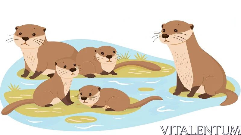 Adorable Otters Family Playing in Nature AI Image