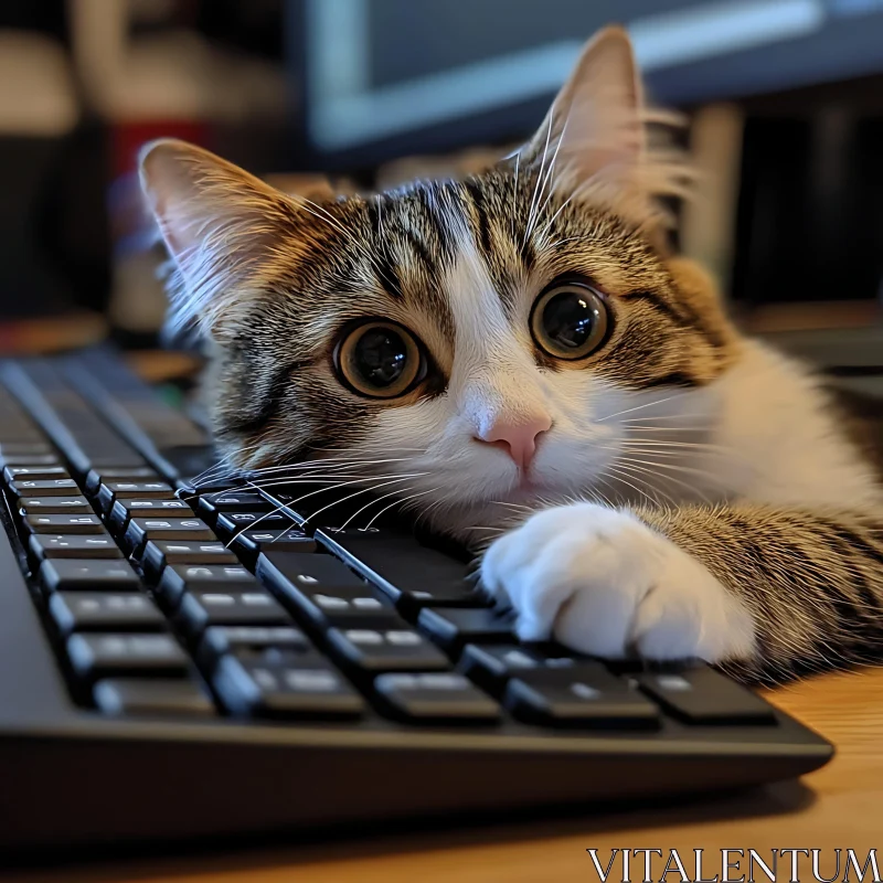 Cute Cat Lounging on a Keyboard at Work AI Image