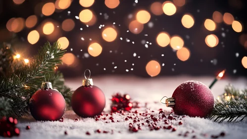 Festive Red Baubles in Snow with Bokeh Lights