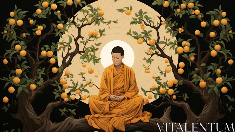 Buddhist Monk Meditating Under Tree - Serene Meditation Scene AI Image