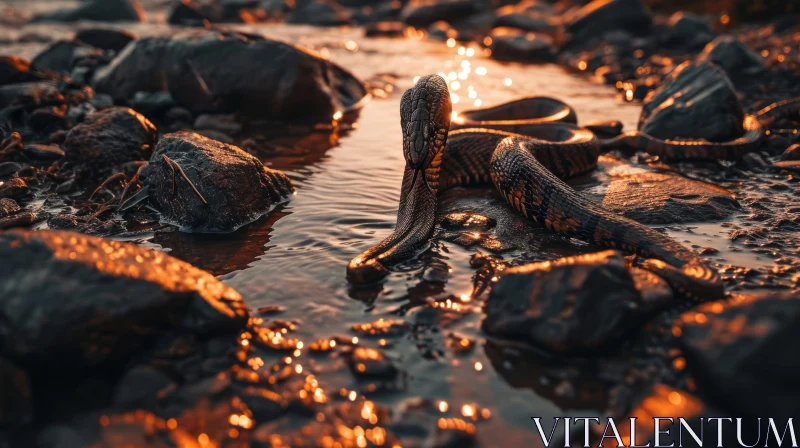 Close-up of a Snake in a Rocky River AI Image