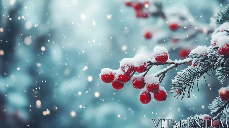 AI ART Snow-Covered Winter Berries on Pine Branch