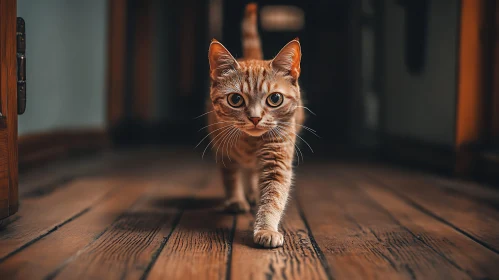 Curious Cat Walking Indoors on Wooden Floor