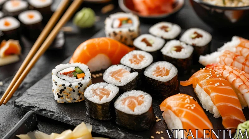 Exquisite Sushi and Sashimi on a Black Stone Plate AI Image