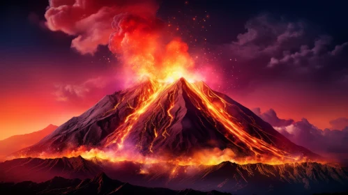 Fantasy Realism Artwork: Volcano Eruption Amidst Mountain Landscape