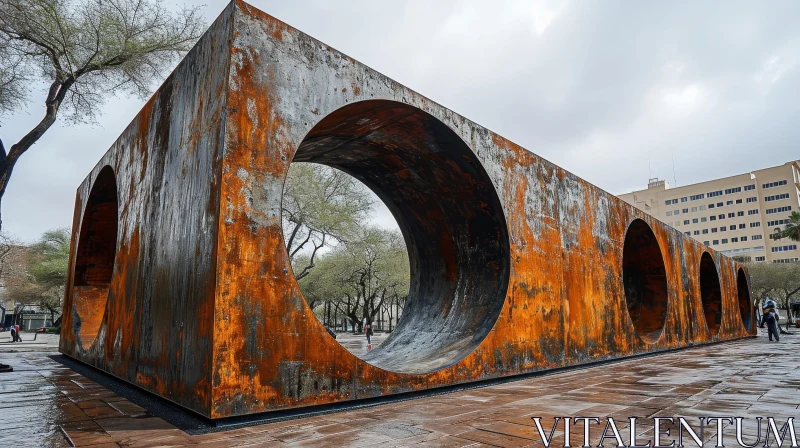 AI ART Rustic Metal Sculpture on Brick Plaza - Evolving Artwork