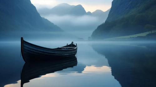 Small Boat on Tranquil Lake Amidst Norwegian Mountains