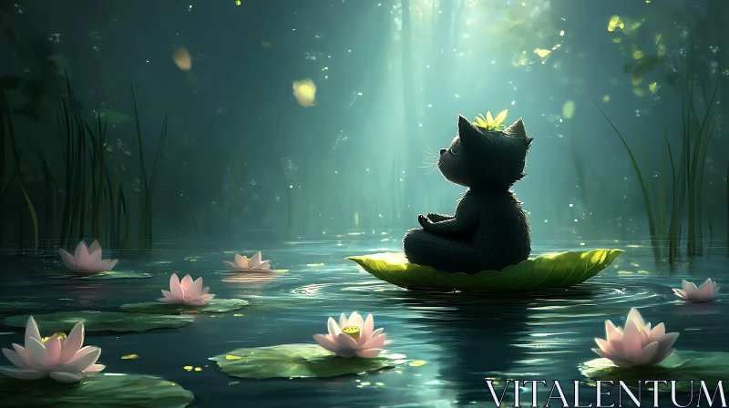 Peaceful Cat on Leaf in Radiant Water Lily Pond AI Image