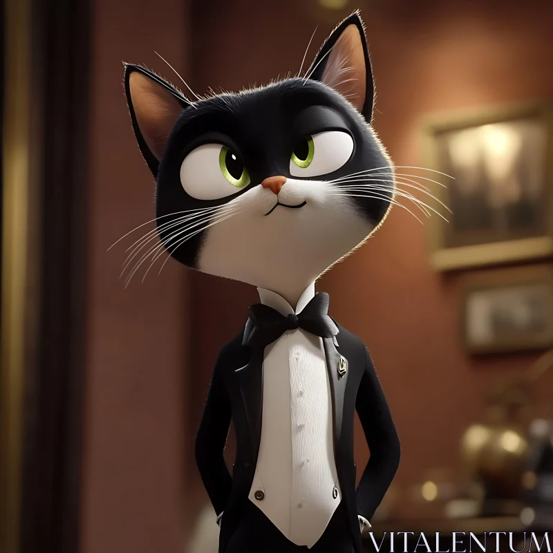 Sophisticated Cartoon Cat in Black and White Tuxedo AI Image