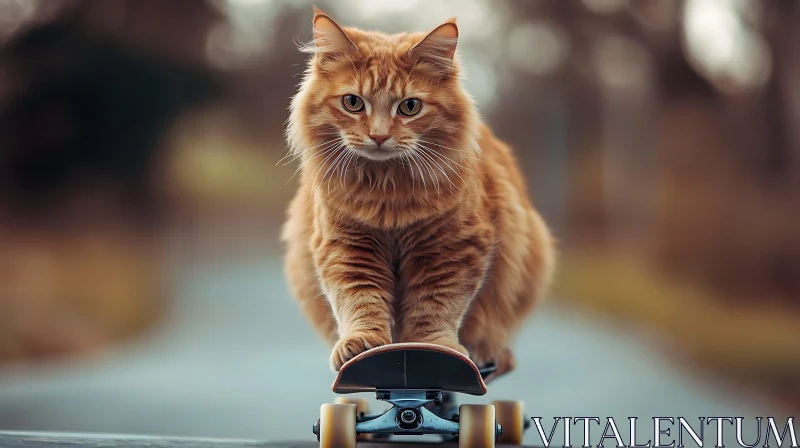 Skateboarding Cat with Ginger Fur AI Image