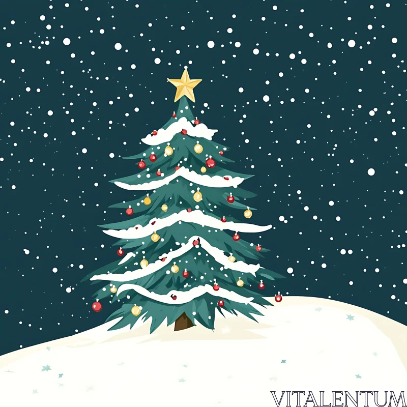 Festive Tree Under Falling Snowflakes AI Image