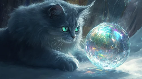 Enigmatic Cat with Radiant Crystal Sphere