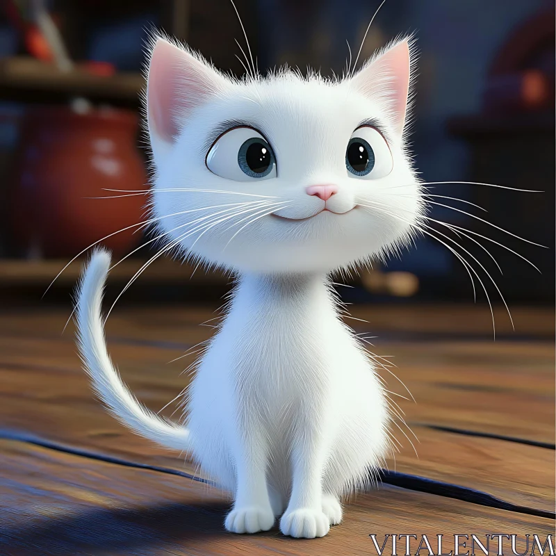 Cute Cartoon White Kitten with Big Blue Eyes AI Image