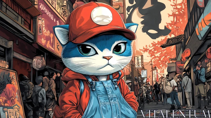 Anime-Inspired Blue Cat in Urban Street Scene AI Image